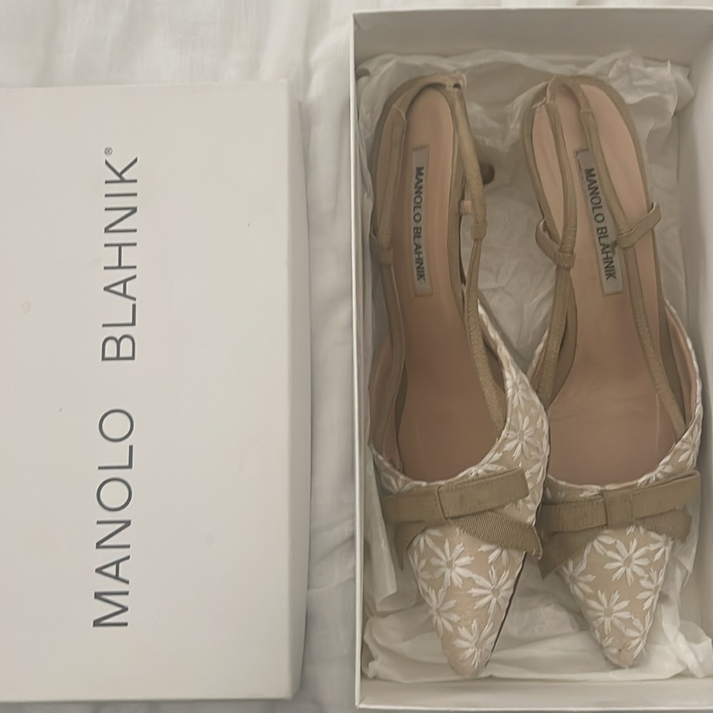 Manolo Blahnik linen & grosgrain strappy sandals